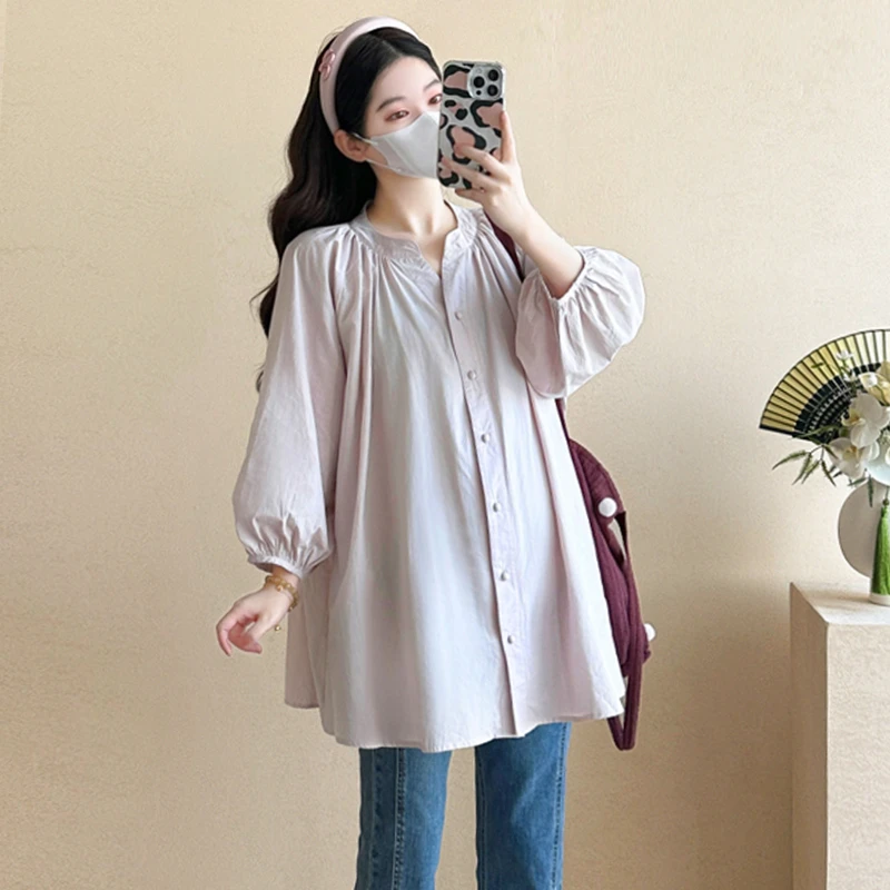 【伊伊】孕妇2025春季新款韩版时尚宽松设计感长袖中长款衬衫娃娃衫