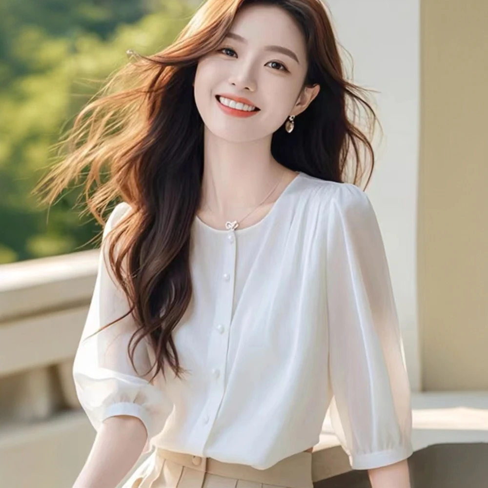 气质雪纺衬衫女夏季2025新款七分袖洋气显瘦衬衣时尚宽松薄款上衣