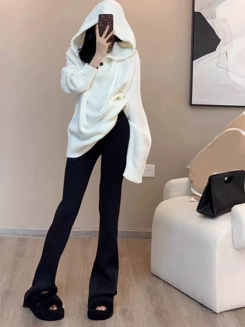 2025秋冬新款韩系气质高级感连帽针织衫慵懒风毛衣黑色休闲裤套装