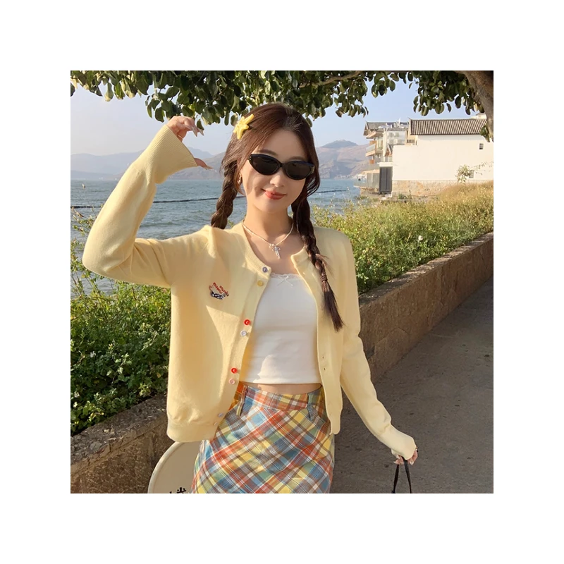 【现货】简约黄色针织外套开衫女修身百搭上衣女2025秋季新款针织衫