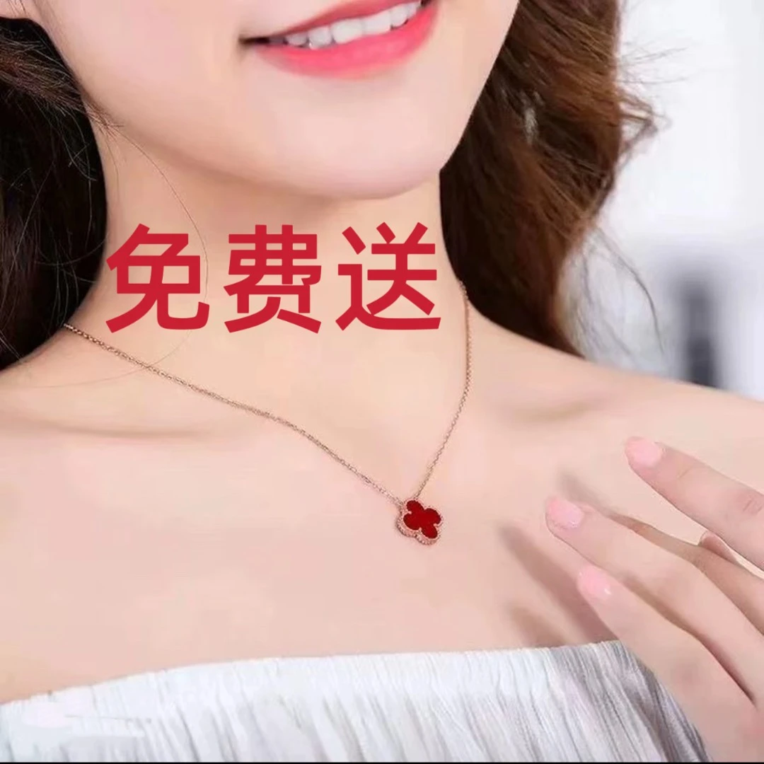 钛钢项链 KISMETI 时尚百搭红色双面经典四叶草镀k金项链