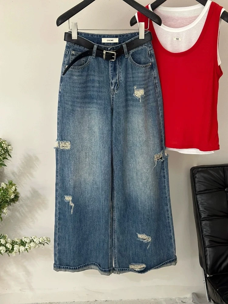 蛋娘专属——牛仔裤磨白夏季痞帅风直筒裤高腰复古短裤清百搭