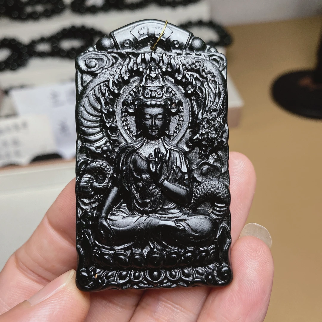 天然缅料a货 钢琴黑祥龙观音挂件393