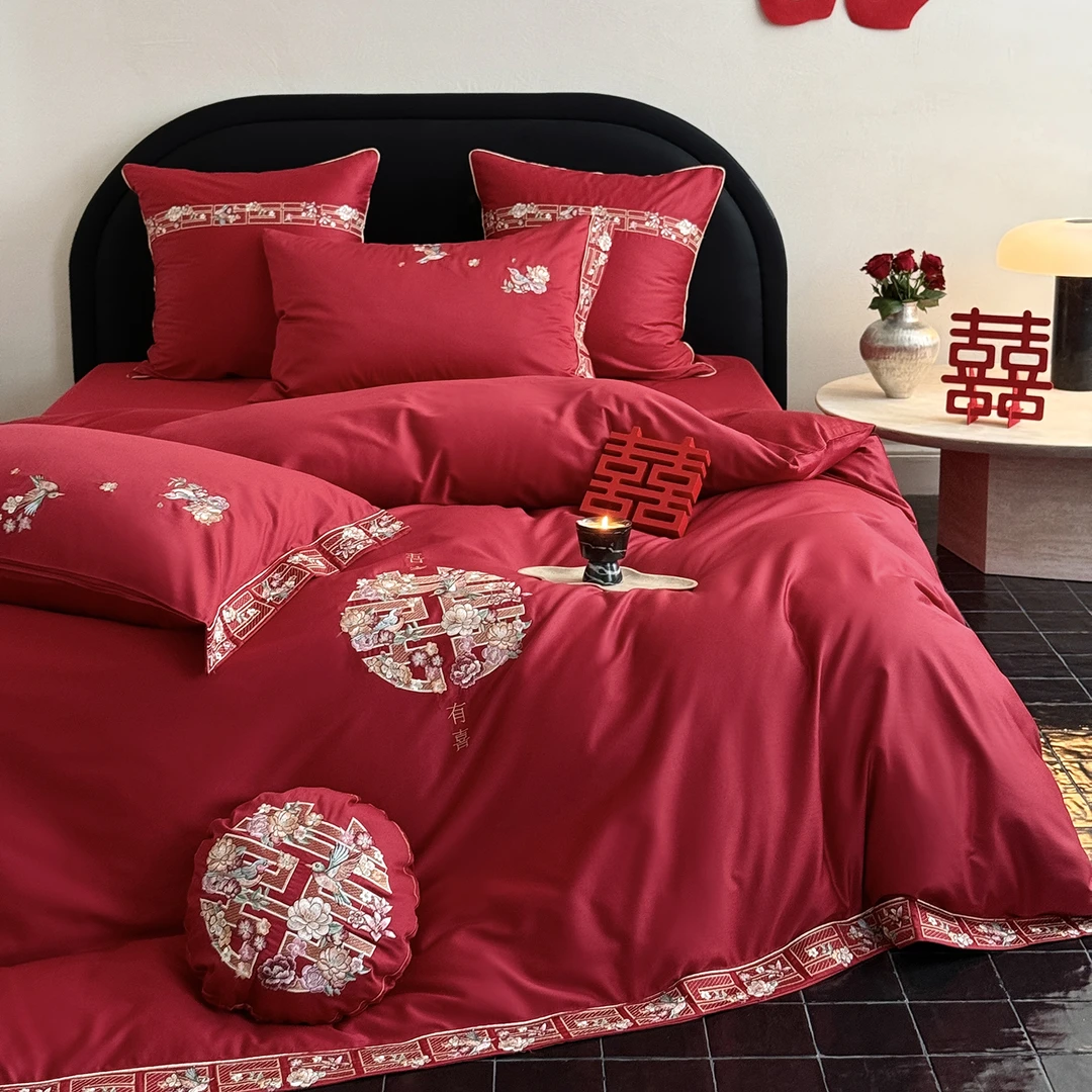 新婚庆100S长绒棉结婚全棉四件套纯棉婚礼陪嫁喜被套床上用品床单