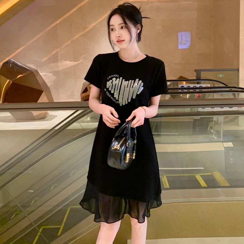 【韩墨墨】夏季短袖爱心烫钻小黑裙时尚荷叶边拼接连衣裙女862