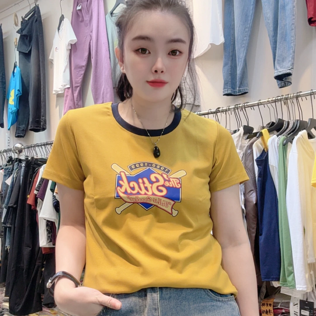 罗纹棉上衣新款圆领正肩弹力显瘦百搭减龄休闲风女t