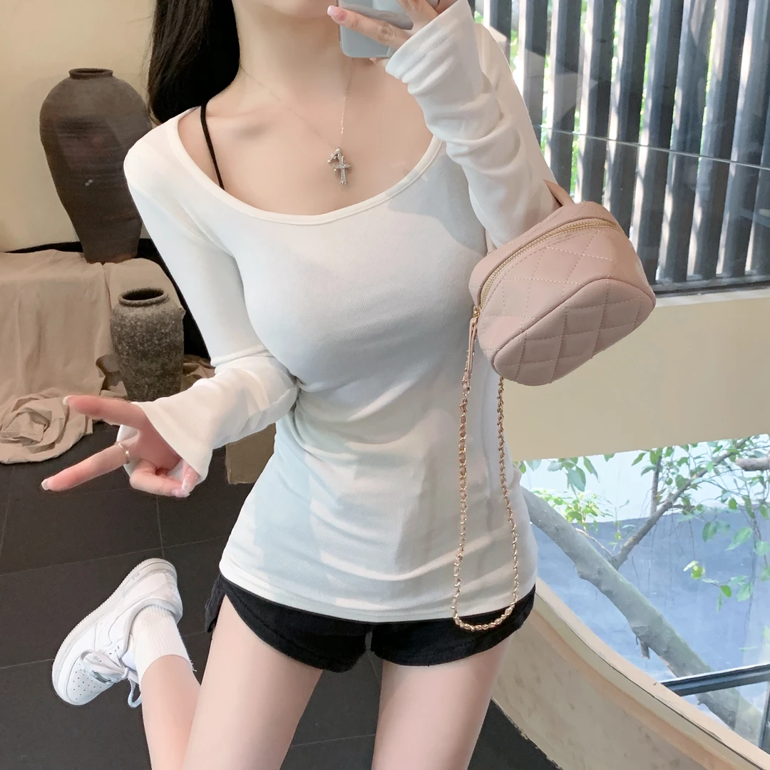 【发货超快】纯欲性感方领长袖T恤女春秋季新款修身薄款打底衫+美背