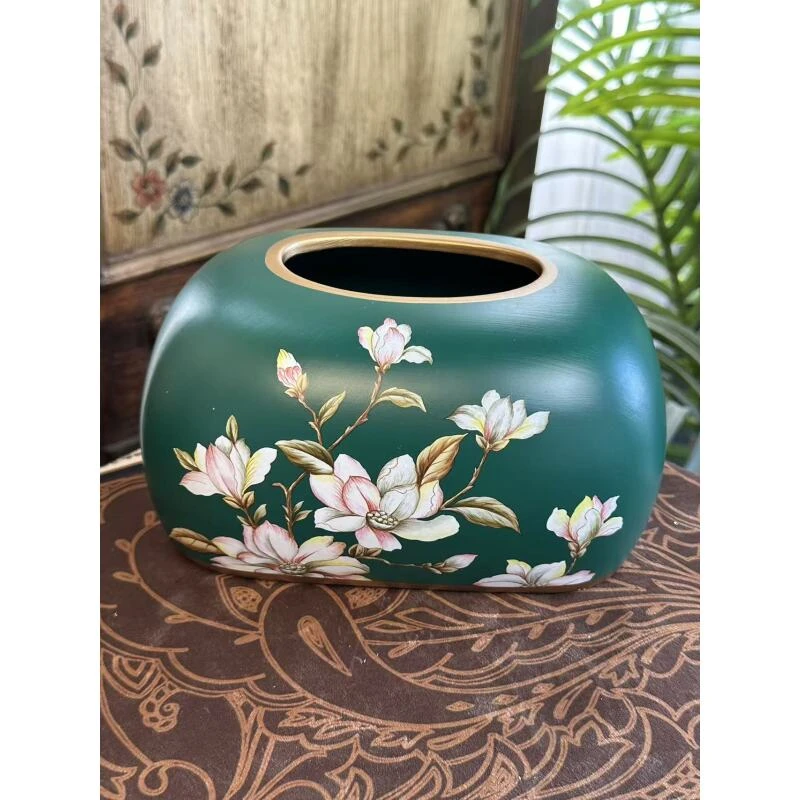 客厅陶瓷面包纸巾盒墨绿玉兰花
