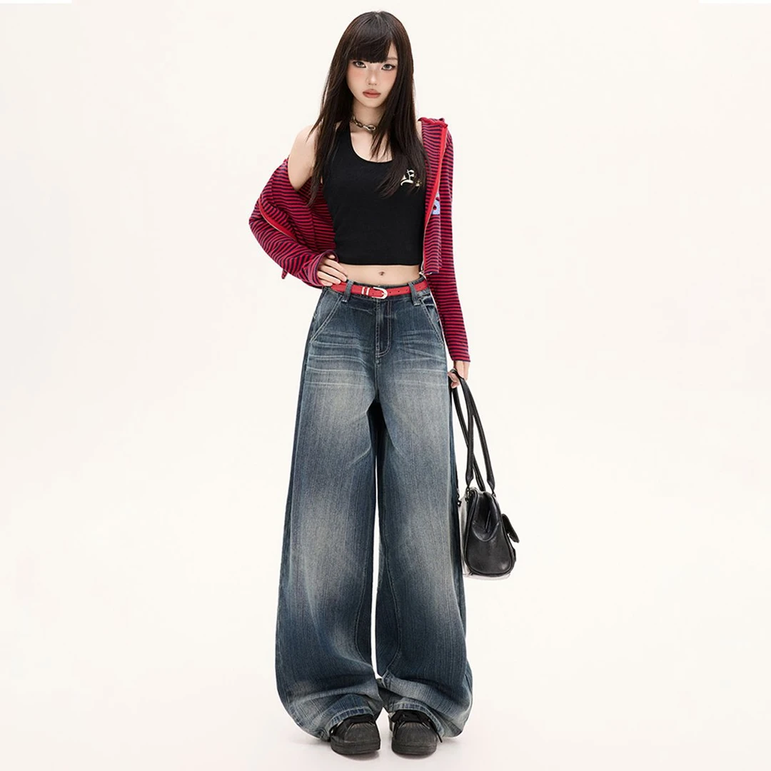 JWUW美式复古做旧潮流设计2025新款宽松长裤牛仔百搭拖地惰懒风女