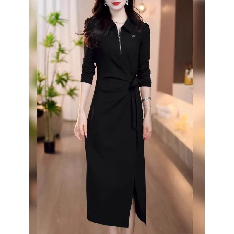 胜美小翻领黑色连衣裙女新款秋季修身系带简约御姐范字裙潮