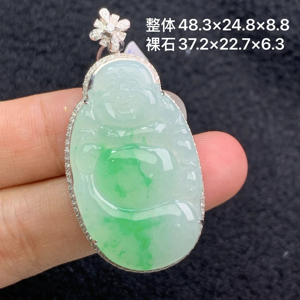 18k金镶嵌天然缅甸A货翡翠阳绿佛公48.3×24.8×8.8/37.2×22.7×6.3