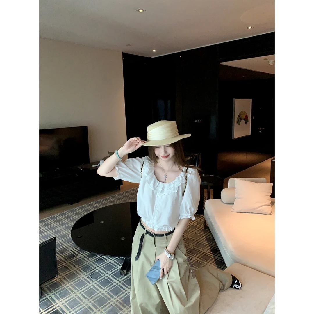 白色提花小衫花边衬衫女夏季2025新款宽松法式气质设计感挂脖上衣