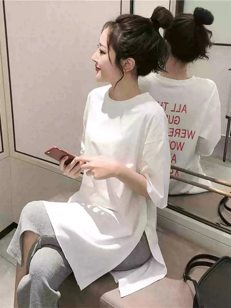 白色老钱风松弛感女装新款开叉不规则短袖t恤小个子大版宽松上衣