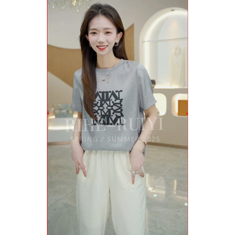 R H 2025年新款时尚气质显瘦休闲设计感桑蚕丝重磅双乔T恤56115