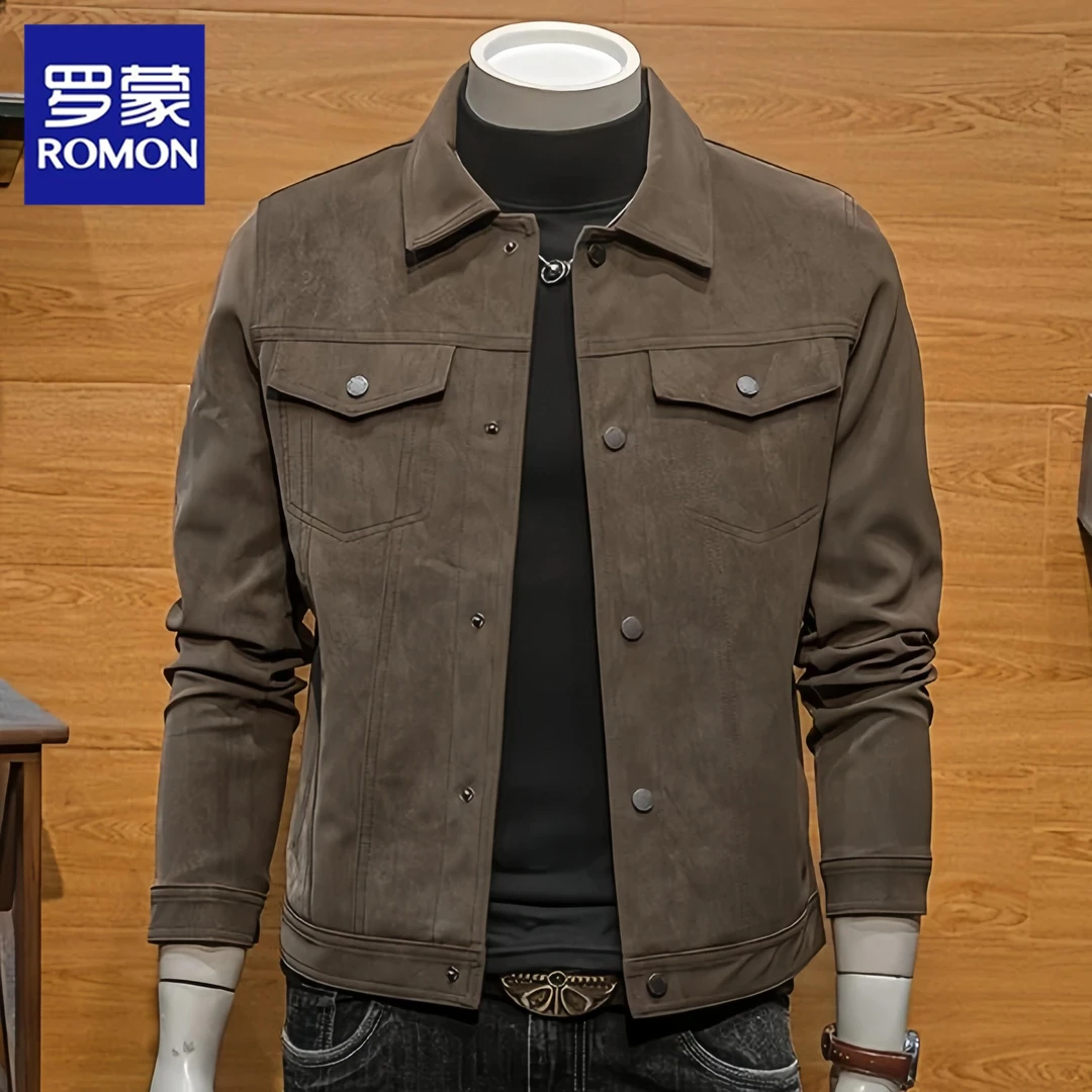Romon/罗蒙翻领皮衣外套潮流时尚2025新款春秋季修身机车夹克男士