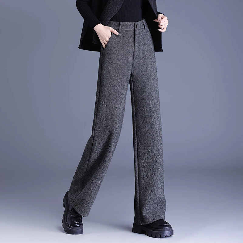 正品高端羊毛呢秋冬加厚保暖直筒裤女高腰垂感时尚显瘦窄版阔腿裤