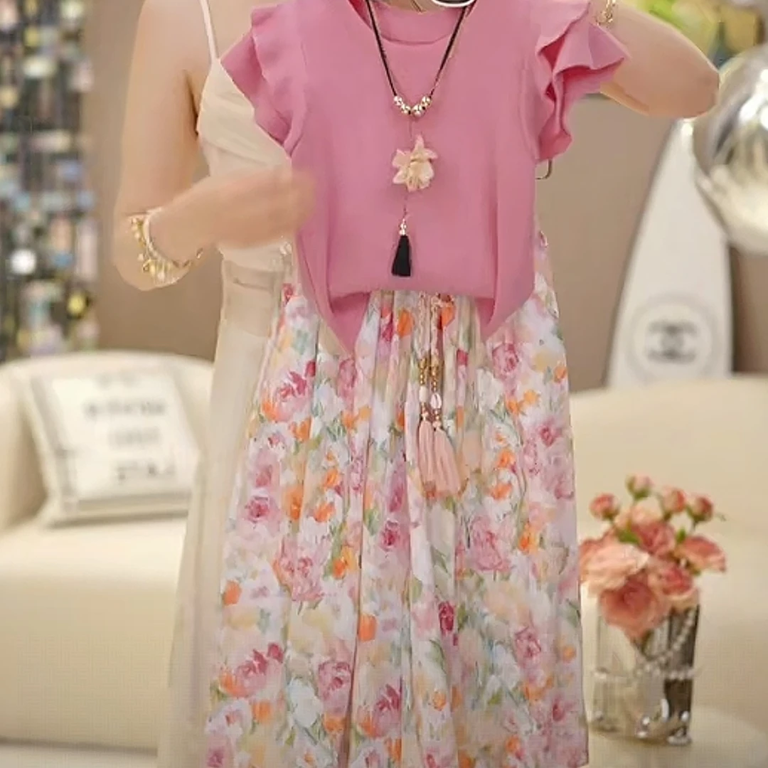 女童粉色碎花阔腿裤夏季新款出游时尚穿搭2025时尚百搭短袖长裤潮