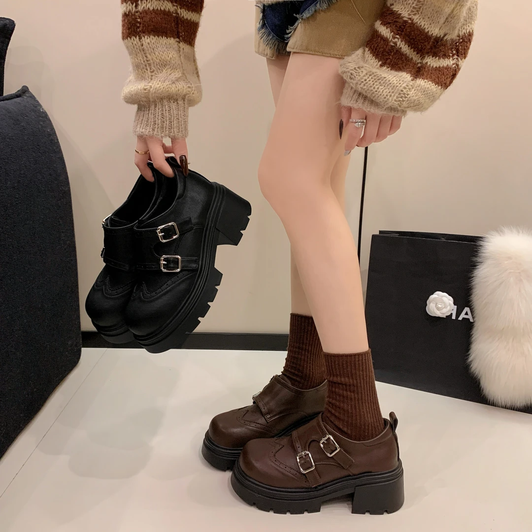 小个子英伦风乐福鞋女2026春季新款厚底增高小皮鞋百搭布洛克单鞋