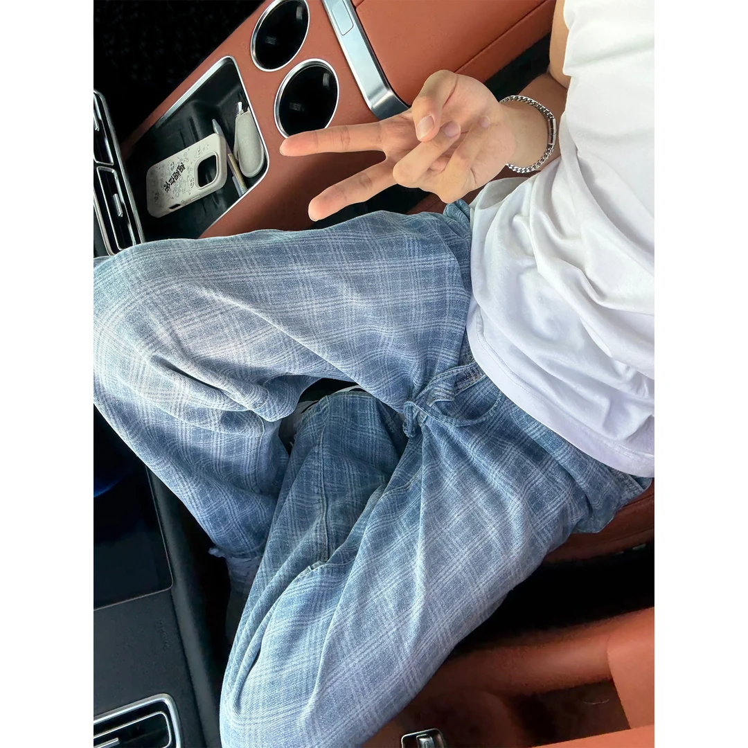 美式复古格子牛仔裤男款夏季潮牌痞帅直筒长裤高级感cleanfit裤子