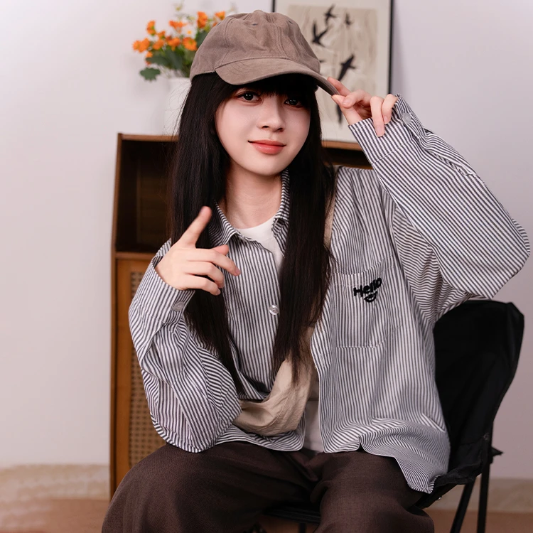 情侣长袖常规款防晒宽松型POLO领衬衫日系休闲外套宽松复古外衣