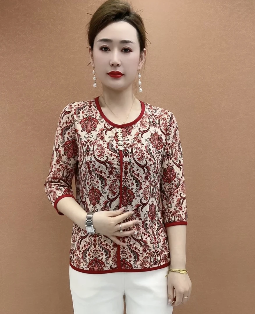 夏季休闲风洋气圆领开衫外套百搭中长款中老年女装短款碎花减龄