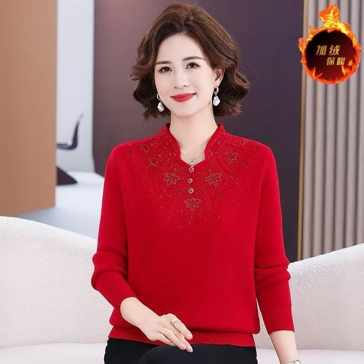 中年妈妈装针织衫打底衫一体绒加厚保暖V型宽松时尚气质百搭上衣