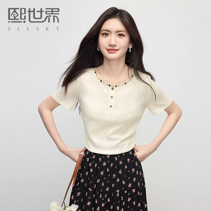 熙世界度假风织带圆领t恤女短袖夏季新款气质百搭正肩肌理感上衣