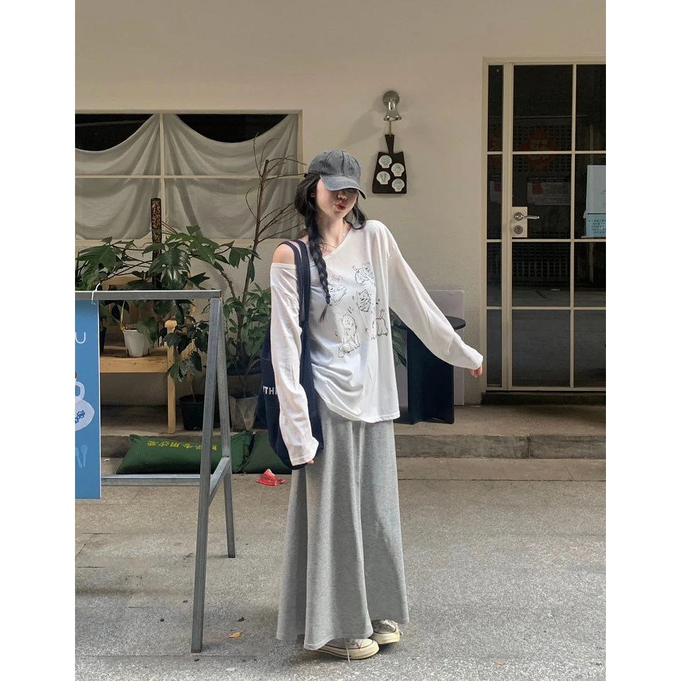 慵懒风休闲套装斜肩印花长袖T恤女夏季显瘦垂感半身裙长裙两件套