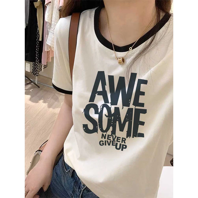 圆领拼色正肩短袖t恤女2025春夏秋季时尚百搭洋气白色打底衫上衣