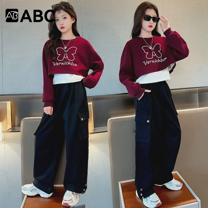 ABC女童工装裤套装2025新款韩系儿童时髦洋气春秋10女大童卫衣三