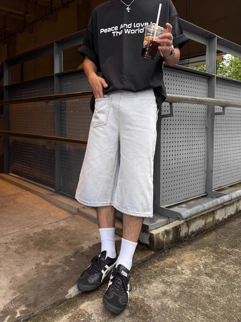 美式复古水洗做旧牛仔裤男宽松直筒不规则阔腿牛仔七分裤