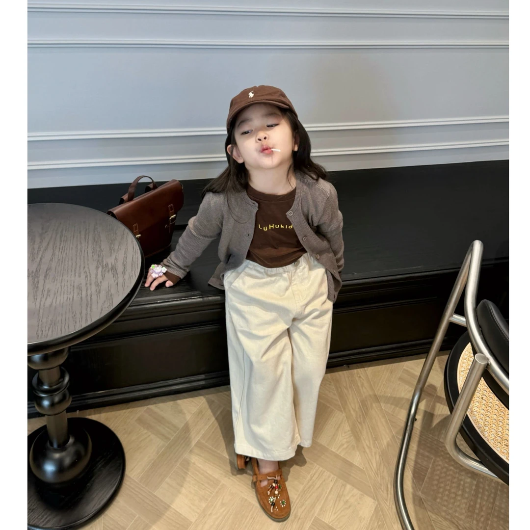 壹妈时髦韩版套装女童针织开衫外套咖色长袖上衣百搭休闲阔腿裤