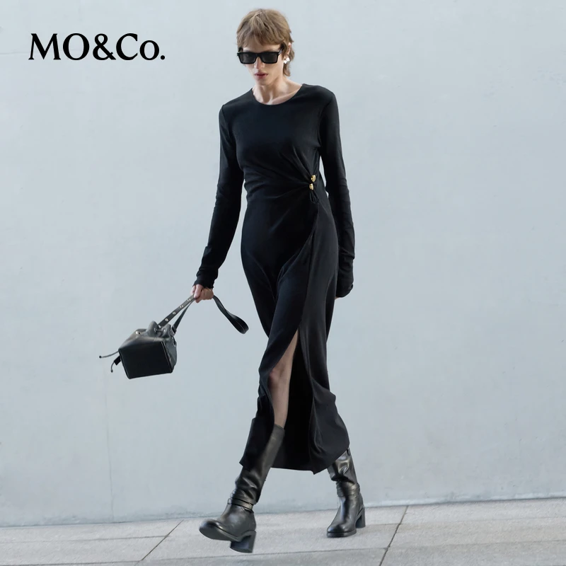 【达人专属】MOCO连衣裙2025春开叉捏褶收腰长裙附装饰扣MBE1DRST15