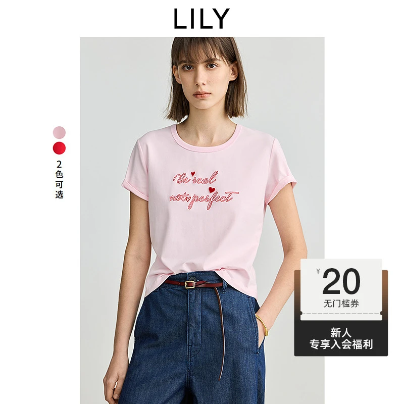 LILY2025春新款多巴胺减龄立体撞色绣花通勤圆领短T恤125149VT910