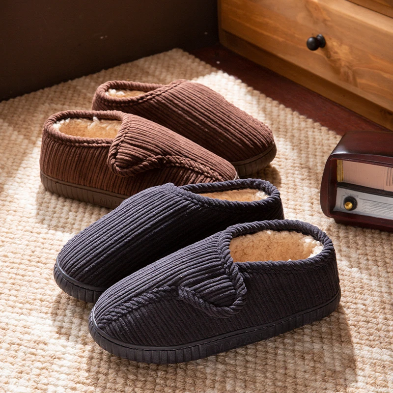 ECAC秋冬中年老人棉鞋男居家用防滑防臭加绒保暖厚底包跟棉拖鞋女