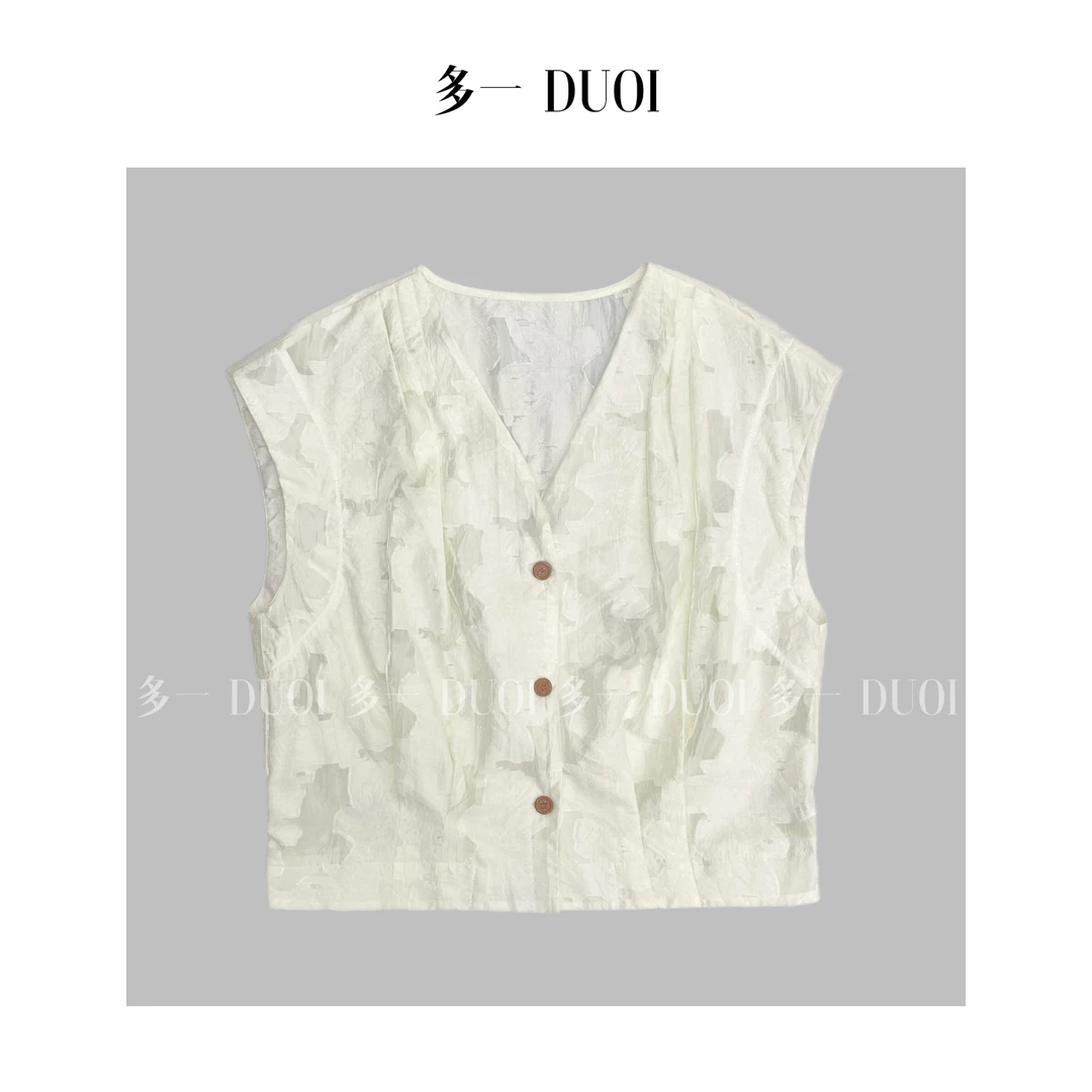 多一“韶华”2025夏季时尚V领单排扣背心提花网纱拼接无袖马甲