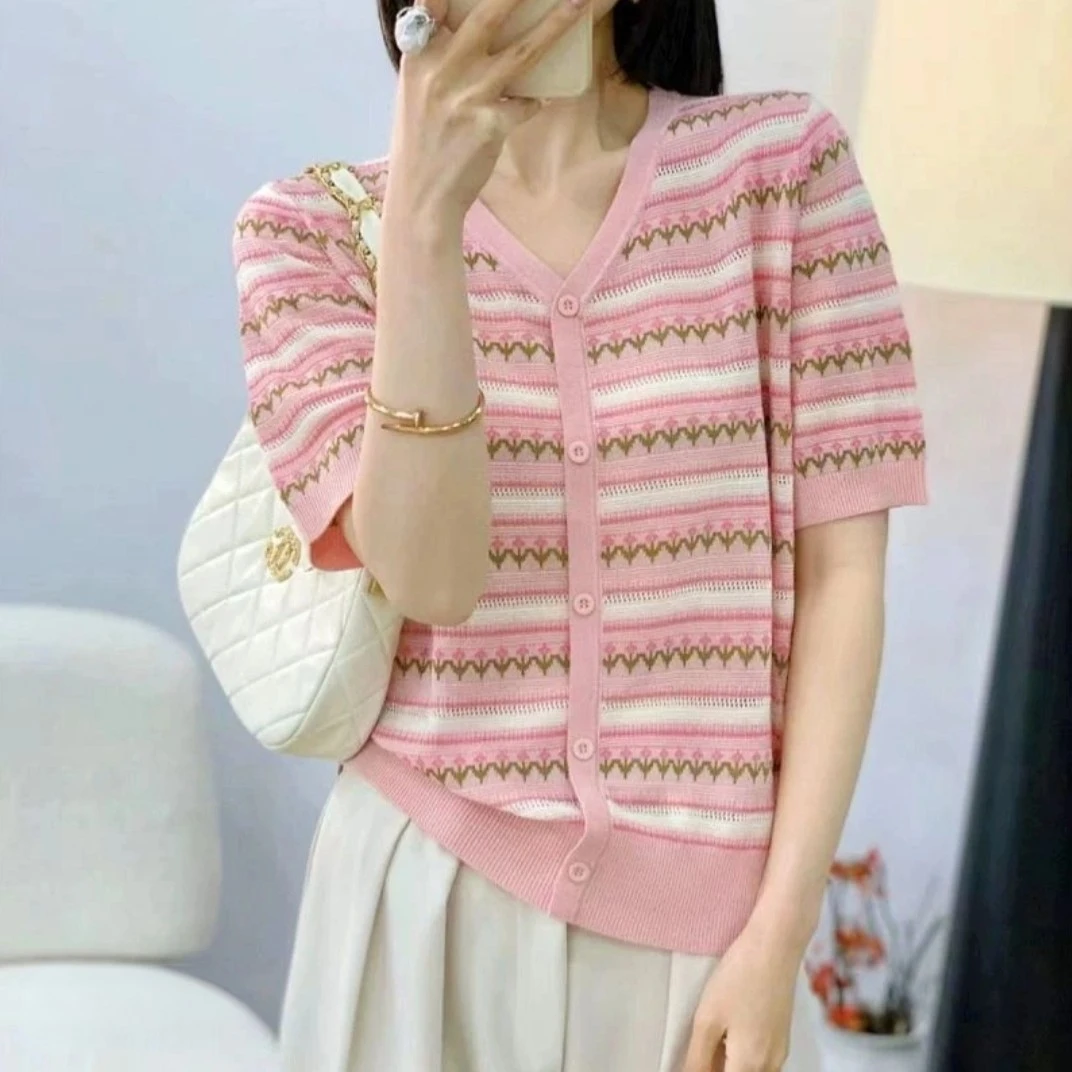 5102【100天丝莱赛尔】夏装新款女装韩版性感V领短袖上衣针织衫薄