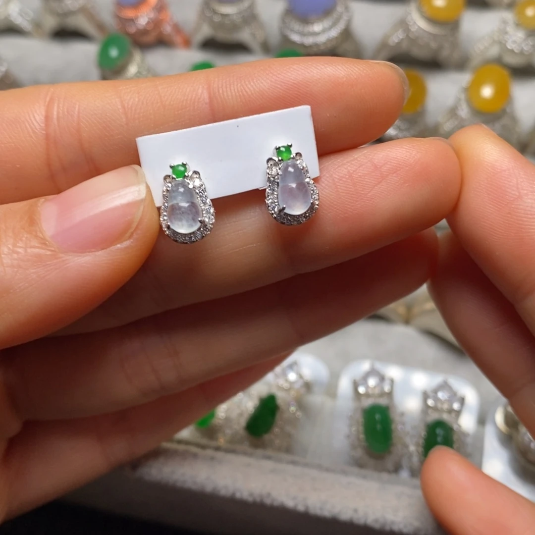 翡翠耳饰银S925镶嵌耳钉