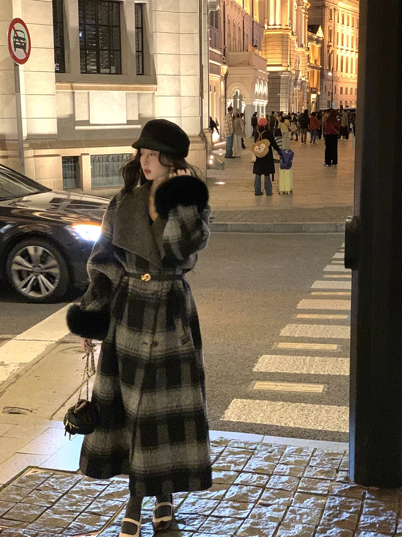 DayeeFur【凛冬恋歌】25年新款渐变黑灰格纹双面呢羊毛大衣格子外套