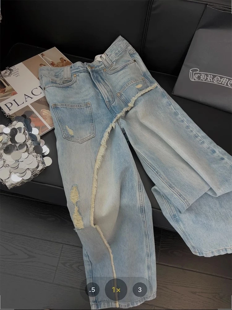 大码阔腿牛仔裤女秋季2025新款胖mm显瘦宽松梨型身材直筒弯刀裤子