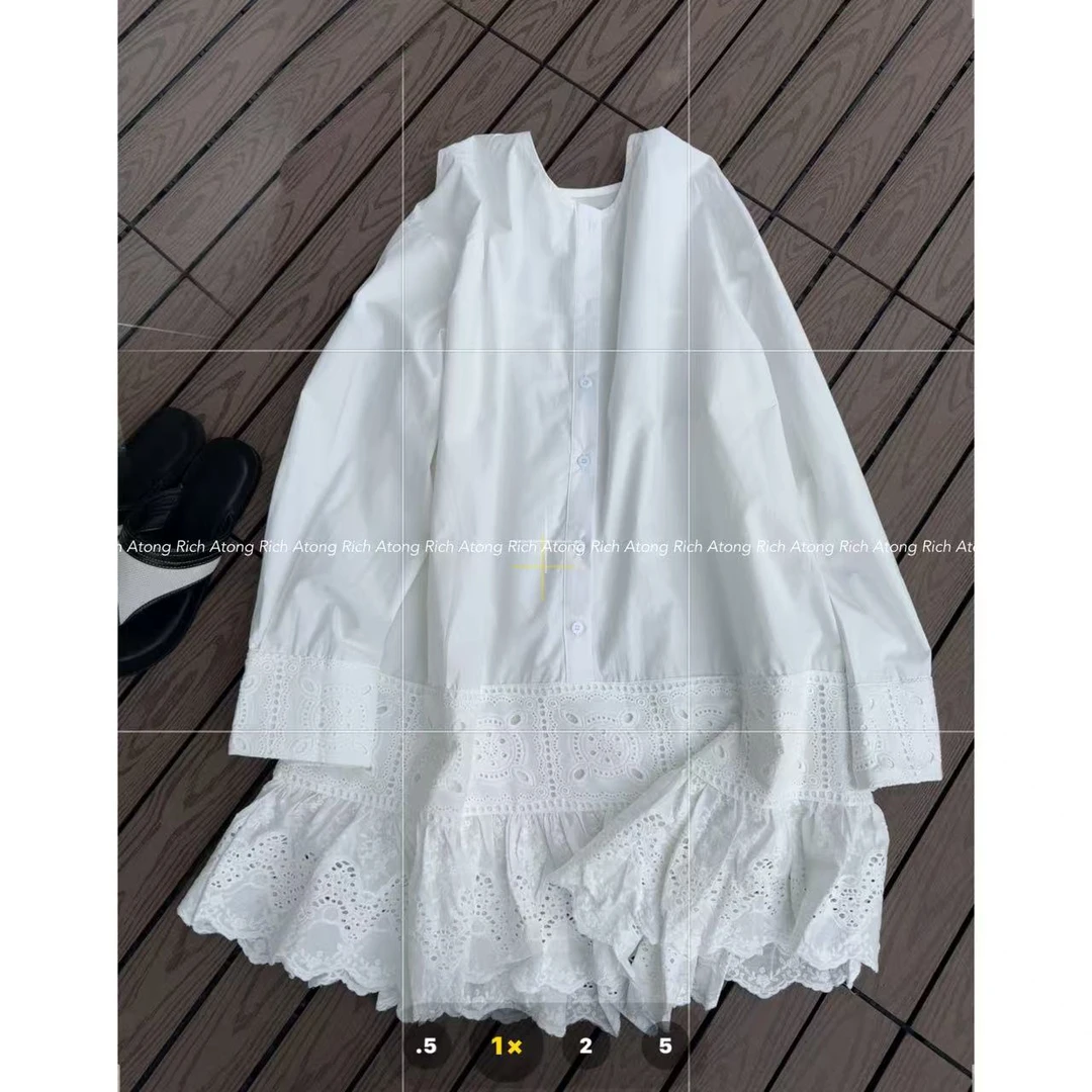 atong/阿彤-【衬衫裙】-2025 早春圆领拼接蕾丝镂空衬衫