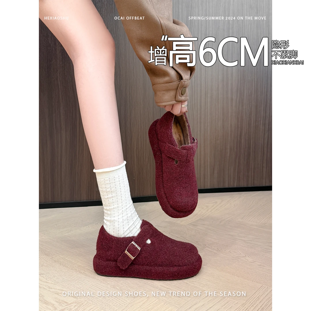 真皮复古圆头厚底勃肯鞋女2025新款时尚休闲百搭内增高加绒保暖鞋