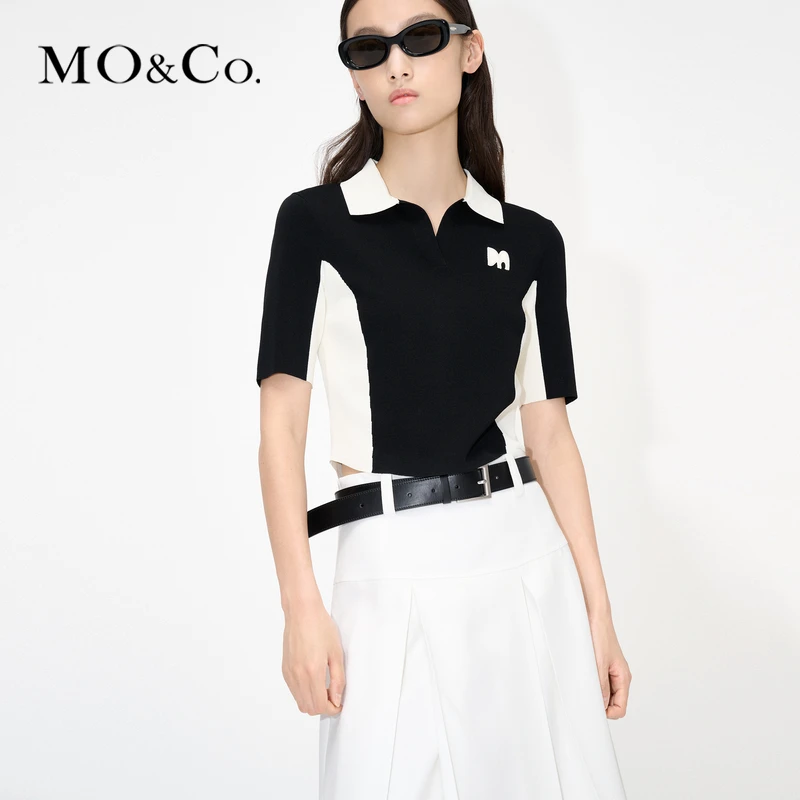 【达人专属】MOCO夏POLO领撞色刺绣高腰收腰短款针织衫MBC2SWT008