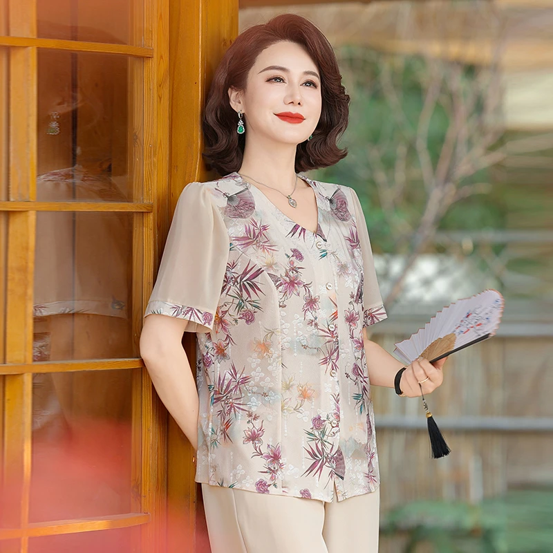 夏季新中式中老年时尚国风短袖洋气衬衫妈妈新款女装T恤上衣小衫
