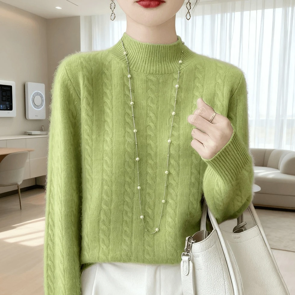 2025秋冬新款精品100女羊绒衫加厚纯色针织绞花宽松半高领羊毛衫