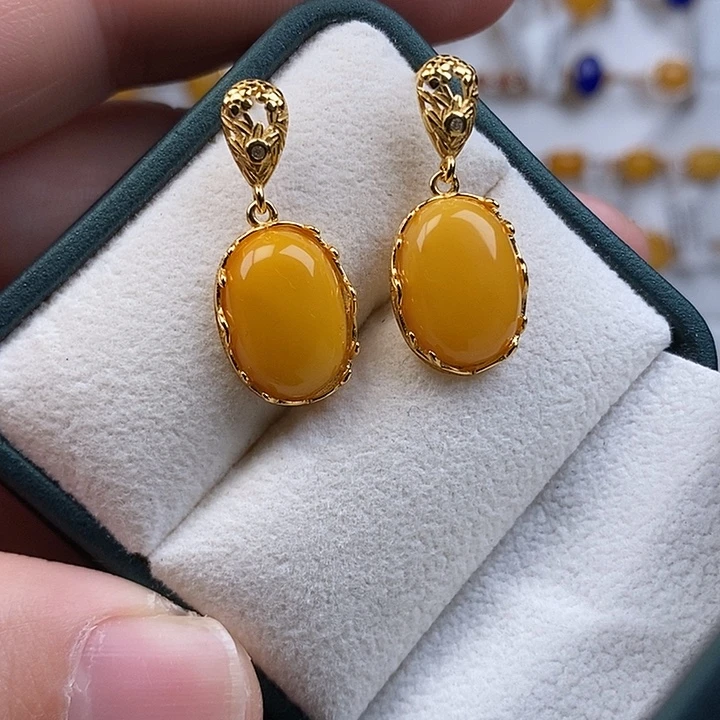 蜜蜡银S925镀金镶嵌耳饰