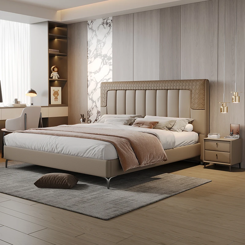 意式轻奢床双人床婚床皮艺头层牛皮床1.8米x2米简约床主卧室3534#