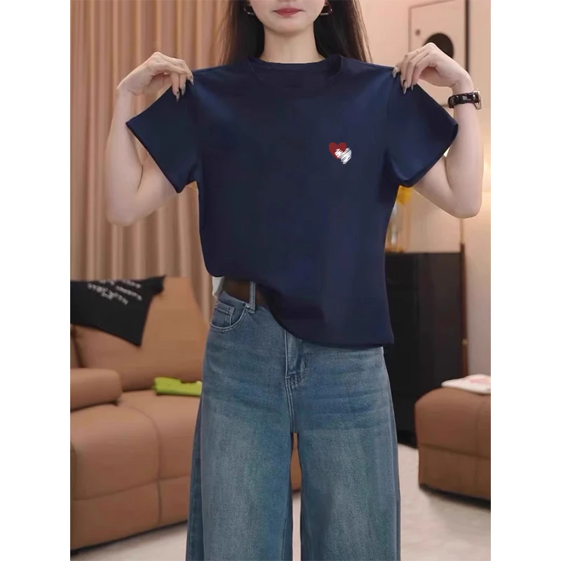 正肩纯棉短袖t恤女装2025新款时尚百搭洋气藏青色薄款上衣夏季潮