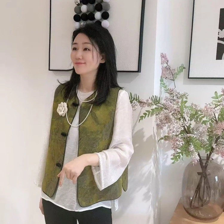 国风女装马夹秋季新款植物花卉厚款时尚唐装单排扣圆领提花女马甲
