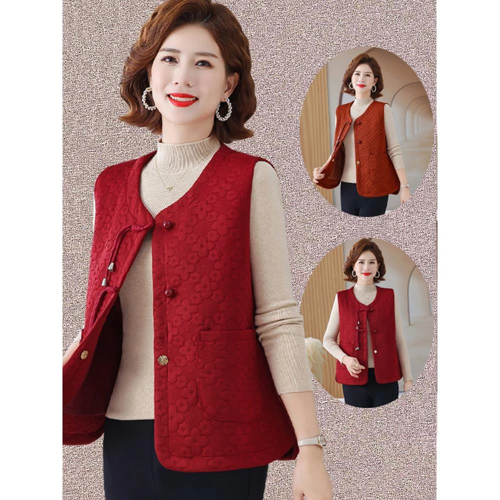 新中式春秋妈妈国风马甲坎肩中老年女装大码宽松复古盘扣上衣马夹